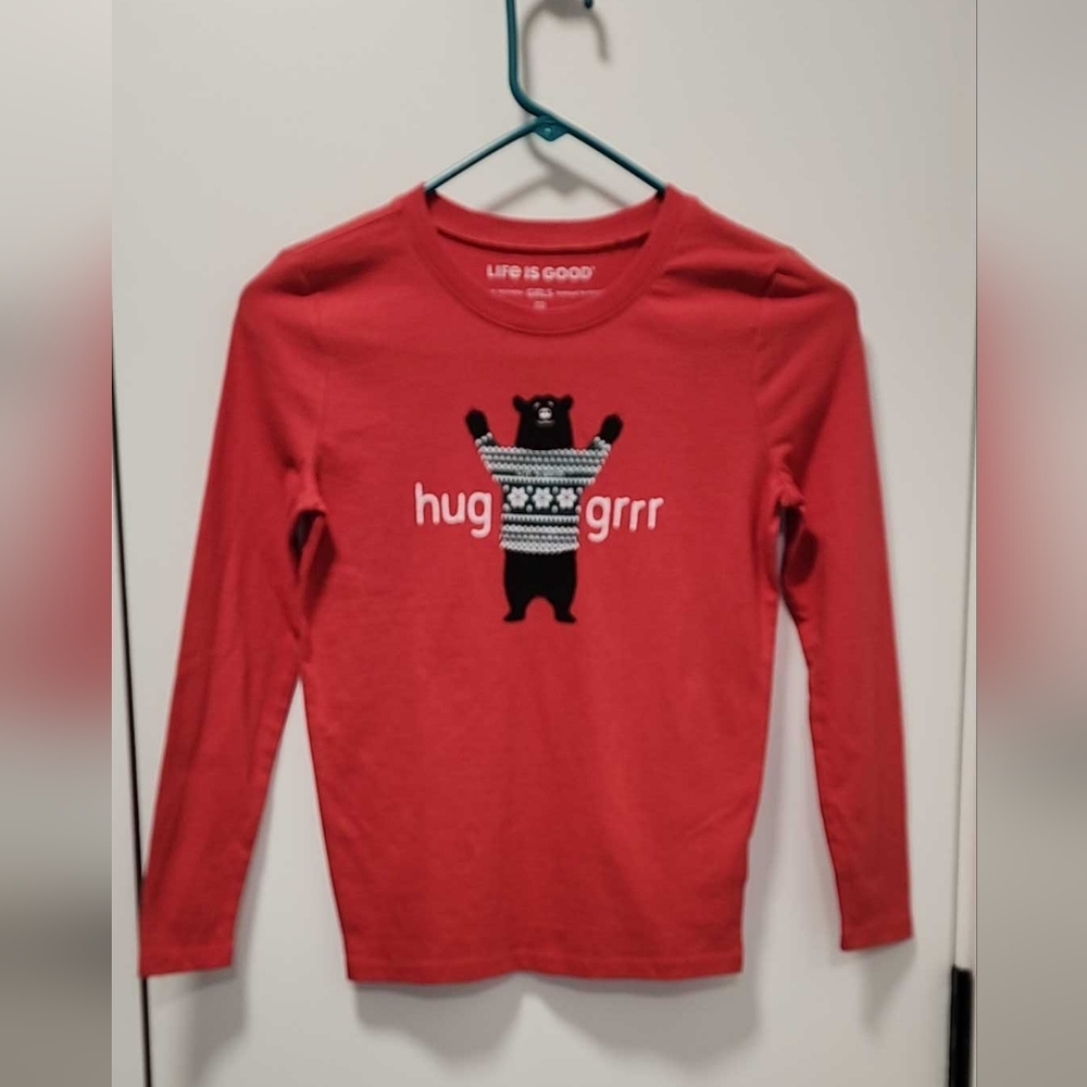 Life Is Good Red Long Sleeve Girls Tee with Bear Graphic